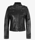 A sleek black leather jacket with a high collar, zipper front, and shoulder epaulettes. The design is stylish and modern, conveying a bold, edgy look.