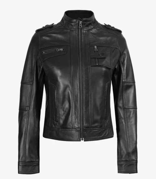 A sleek black leather jacket with a high collar, zipper front, and shoulder epaulettes. The design is stylish and modern, conveying a bold, edgy look.