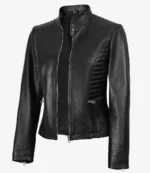 Black leather jacket with a sleek, fitted design, featuring a front zipper, quilted shoulders, and horizontal stitching on the sides. Stylish and edgy.
