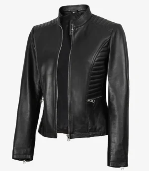 Black leather jacket with a sleek, fitted design, featuring a front zipper, quilted shoulders, and horizontal stitching on the sides. Stylish and edgy.