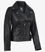 Black leather jacket with asymmetrical zipper, silver hardware, and quilted detailing on the shoulders and sleeves, conveying a sleek, edgy style.