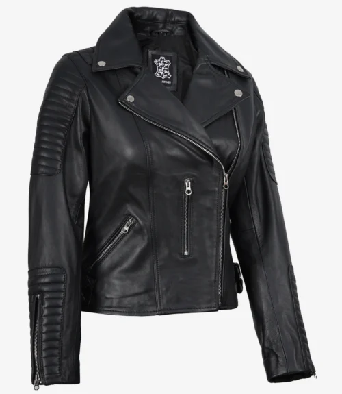 Black leather jacket with asymmetrical zipper, silver hardware, and quilted detailing on the shoulders and sleeves, conveying a sleek, edgy style.