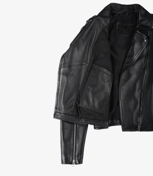 A black leather jacket with an open front exposing the interior, featuring a zippered sleeve and sleek design. The image exudes a cool, edgy vibe.