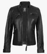 Sleek black leather jacket with quilted shoulder panels, multiple zip pockets, and a front zipper, exuding a stylish and edgy vibe.