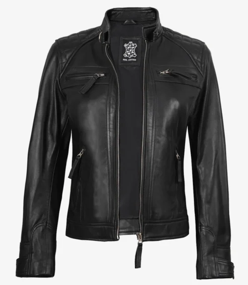 Sleek black leather jacket with quilted shoulder panels, multiple zip pockets, and a front zipper, exuding a stylish and edgy vibe.