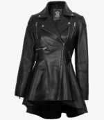 Black leather jacket with a flared hem and multiple silver zippers. The design is edgy and stylish, conveying a bold and fashionable tone.