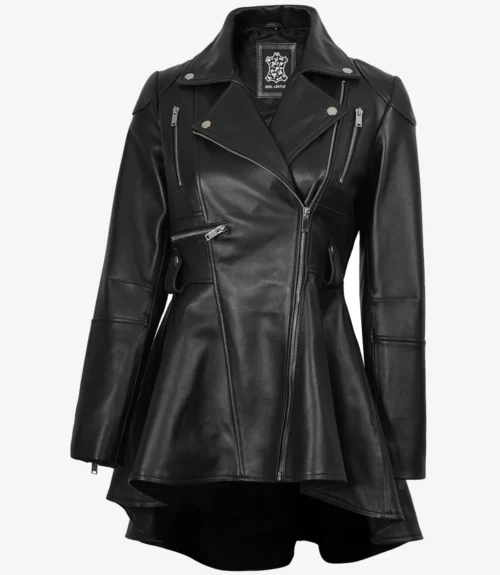 Black leather jacket with a flared hem and multiple silver zippers. The design is edgy and stylish, conveying a bold and fashionable tone.