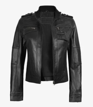 Black leather jacket with ribbed collar, zippered pockets, and adjustable tabs on shoulders. It conveys a sleek, edgy, and modern style.