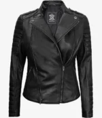 Black leather jacket with quilted panels on sleeves, asymmetrical zip closure, and a sleek design. The label inside reads Real Leather.
