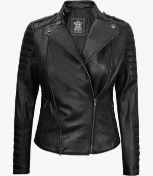 Black leather jacket with quilted panels on sleeves, asymmetrical zip closure, and a sleek design. The label inside reads Real Leather.
