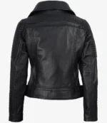 Black leather jacket shown from the back, featuring quilted shoulder pads and a sleek, modern design, exuding a stylish and edgy vibe.