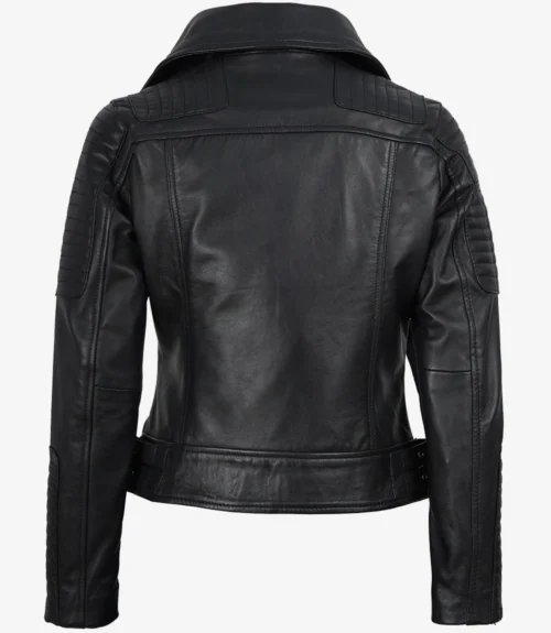 Black leather jacket shown from the back, featuring quilted shoulder pads and a sleek, modern design, exuding a stylish and edgy vibe.