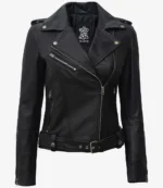 Black leather biker jacket with silver zippers and snap buttons, featuring a classic asymmetrical front and belted waist, conveying a sleek, edgy style.