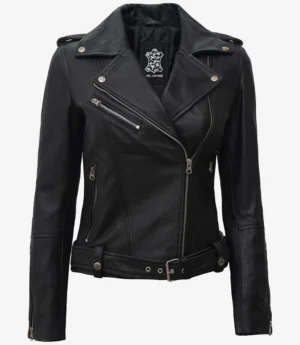 Black leather biker jacket with silver zippers and snap buttons, featuring a classic asymmetrical front and belted waist, conveying a sleek, edgy style.