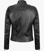 Black leather jacket with quilted detailing on shoulders and sides, featuring a sleek back design. The jacket has zipped cuffs, exuding a stylish, edgy tone.