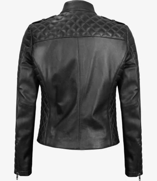 Black leather jacket with quilted detailing on shoulders and sides, featuring a sleek back design. The jacket has zipped cuffs, exuding a stylish, edgy tone.