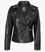 Black leather jacket with silver zippers and snap buttons. It features a notched collar, zipper pockets, and epaulets, conveying a classic, edgy style.