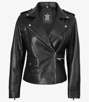 Black leather jacket with silver zippers and snap buttons. It features a notched collar, zipper pockets, and epaulets, conveying a classic, edgy style.