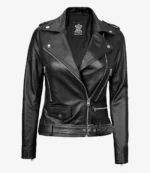 A sleek black leather motorcycle jacket with silver zippers, buttons, and a belt at the waist. It has a rugged, stylish appearance and visible stitching.