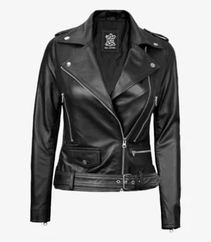 A sleek black leather motorcycle jacket with silver zippers, buttons, and a belt at the waist. It has a rugged, stylish appearance and visible stitching.