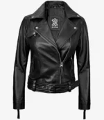 Black leather biker jacket with silver zippers and buttons on a white background. It features a notched collar and a belt at the waist, conveying a cool, edgy vibe.