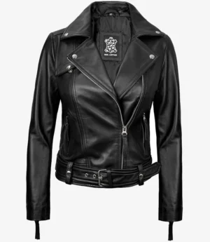Black leather biker jacket with silver zippers and buttons on a white background. It features a notched collar and a belt at the waist, conveying a cool, edgy vibe.