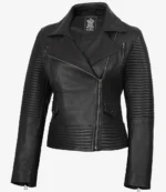 Black leather biker jacket with quilted sleeves and shoulders, featuring asymmetric front zipper, wide lapels, and side pockets. Edgy and stylish design.