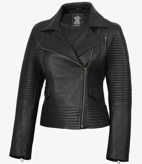 Black leather biker jacket with quilted sleeves and shoulders, featuring asymmetric front zipper, wide lapels, and side pockets. Edgy and stylish design.
