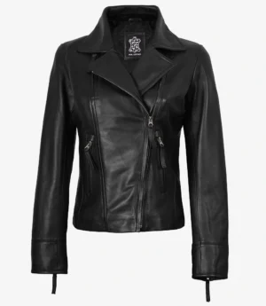 Sleek black leather jacket with a notched collar, asymmetrical zipper, and two diagonal zippered pockets. The jacket exudes a stylish, edgy vibe.
