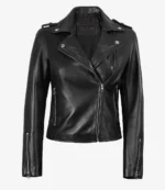 Black leather biker jacket with silver zippers and studs, featuring a wide lapel and fitted design. The style is edgy and contemporary.