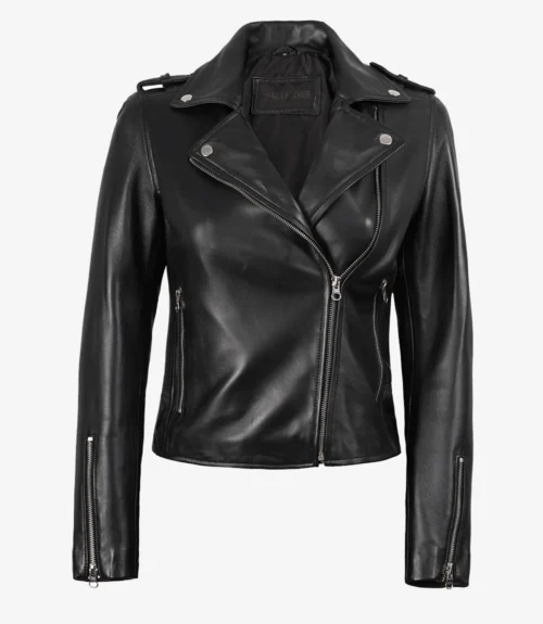 Black leather biker jacket with silver zippers and studs, featuring a wide lapel and fitted design. The style is edgy and contemporary.