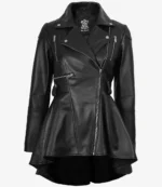 A stylish black leather jacket with a fitted waist and flared peplum hem. It features a zip-front closure, multiple zip pockets, and silver studs.