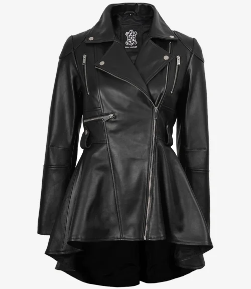 A stylish black leather jacket with a fitted waist and flared peplum hem. It features a zip-front closure, multiple zip pockets, and silver studs.