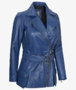 Blue leather jacket with asymmetrical zipper, side pockets, and a belted waist. The polished finish gives a sleek, stylish look.