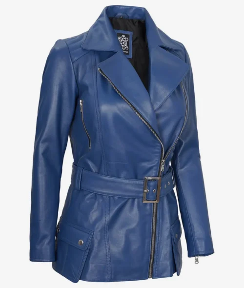 Blue leather jacket with asymmetrical zipper, side pockets, and a belted waist. The polished finish gives a sleek, stylish look.