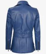 Back view of a blue leather jacket with a belt at the waist and zippered sleeves, creating a sleek, modern look against a white background.