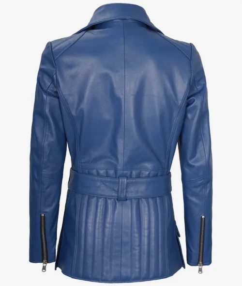 Back view of a blue leather jacket with a belt at the waist and zippered sleeves, creating a sleek, modern look against a white background.