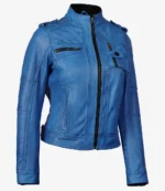 Blue leather jacket with black zippers and pockets, featuring a stand-up collar and shoulder straps. Stylish and modern design.