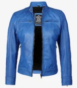 Bright blue leather jacket with a stand-up collar, front zipper open, and two zipped chest pockets. Bold and stylish, conveying a modern, edgy feel.