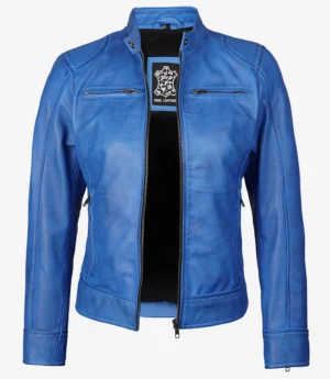 Bright blue leather jacket with a stand-up collar, front zipper open, and two zipped chest pockets. Bold and stylish, conveying a modern, edgy feel.