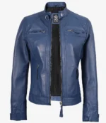 Blue leather jacket with front zipper, two chest pockets, and a high collar. The interior is black, offering a sleek and modern look.