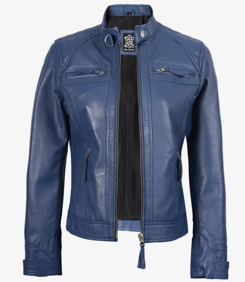 Blue leather jacket with front zipper, two chest pockets, and a high collar. The interior is black, offering a sleek and modern look.