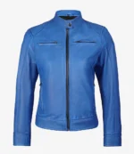 Blue leather jacket with a sleek, fitted design and a zippered front. It features two zippered pockets on the chest, conveying a modern, stylish tone.