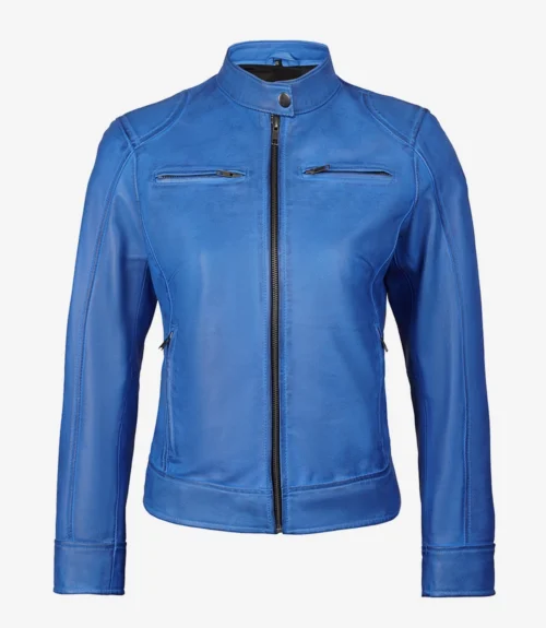 Blue leather jacket with a sleek, fitted design and a zippered front. It features two zippered pockets on the chest, conveying a modern, stylish tone.