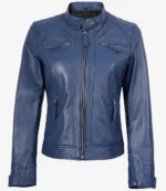 Blue leather jacket with a high collar, front zipper, and zippered pockets. The design is sleek and modern, conveying a stylish and bold tone.