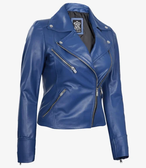 A vibrant blue leather jacket with silver zippers, featuring a notched collar and an asymmetrical front. The sleek design conveys a bold and stylish tone.