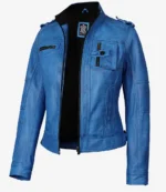 Blue leather jacket with a sleek design, featuring multiple zippered pockets and a stand collar. The vibrant color adds a trendy, bold touch.