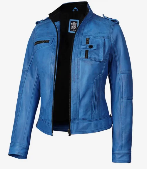 Blue leather jacket with a sleek design, featuring multiple zippered pockets and a stand collar. The vibrant color adds a trendy, bold touch.