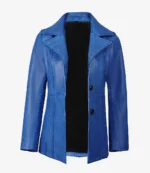 Blue leather jacket with a classic design, featuring a wide collar, two black buttons, and exposed black interior, set against a plain white background.