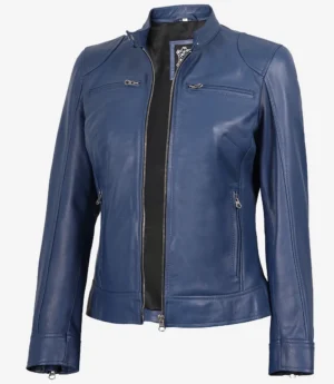 A sleek, blue leather jacket with a front zipper, stand-up collar, zipped pockets, and subtle stitching details, set against a white background.